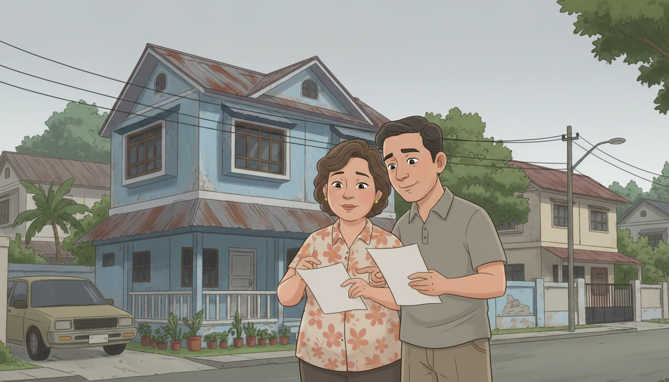 Jun and Mila Reyes reviewing insurance documents in front of their house in Fourth Estate, Parañaque